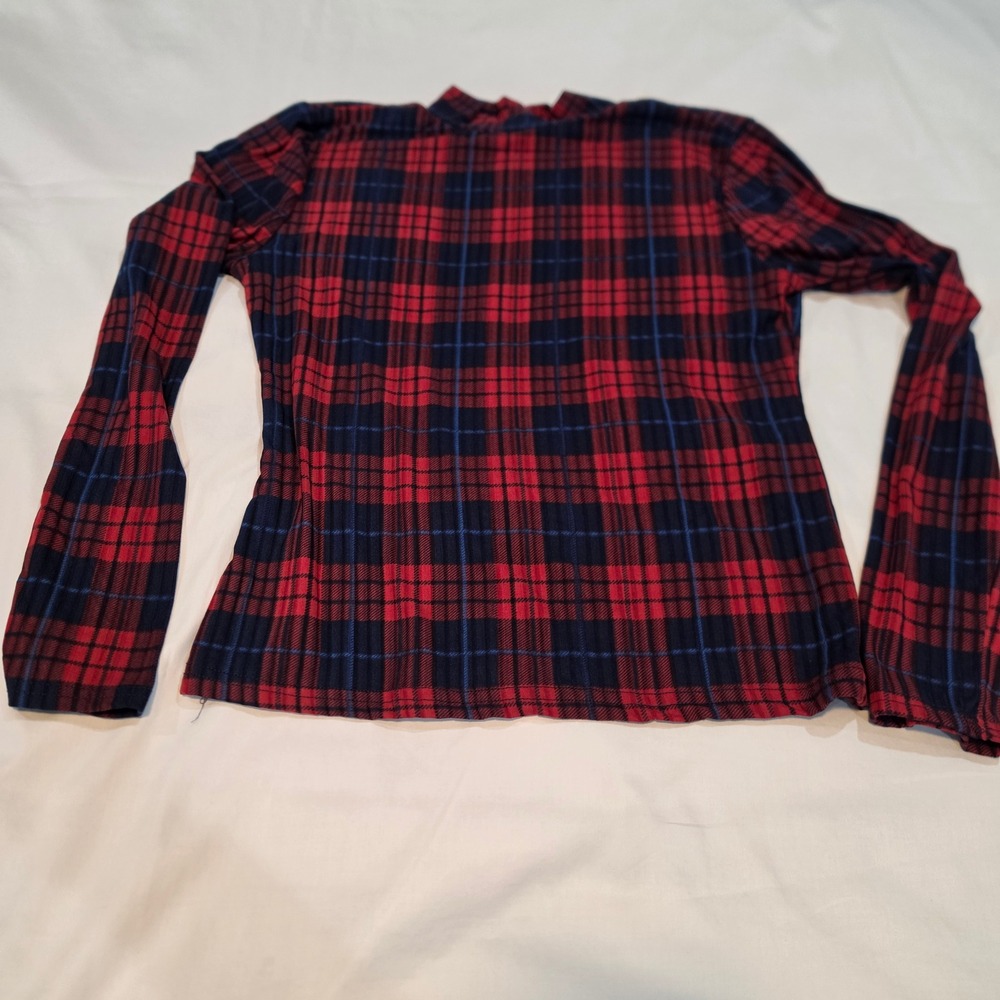 rue21 Mock Neck Top Women Juniors XL Red Navy Plaid Excellent Ribbed Long Sleeve